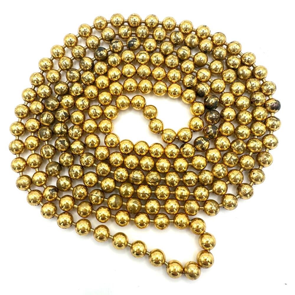 Antique Art Deco 1930s gold tone brass 6mm ball beads pull chain 59” necklace